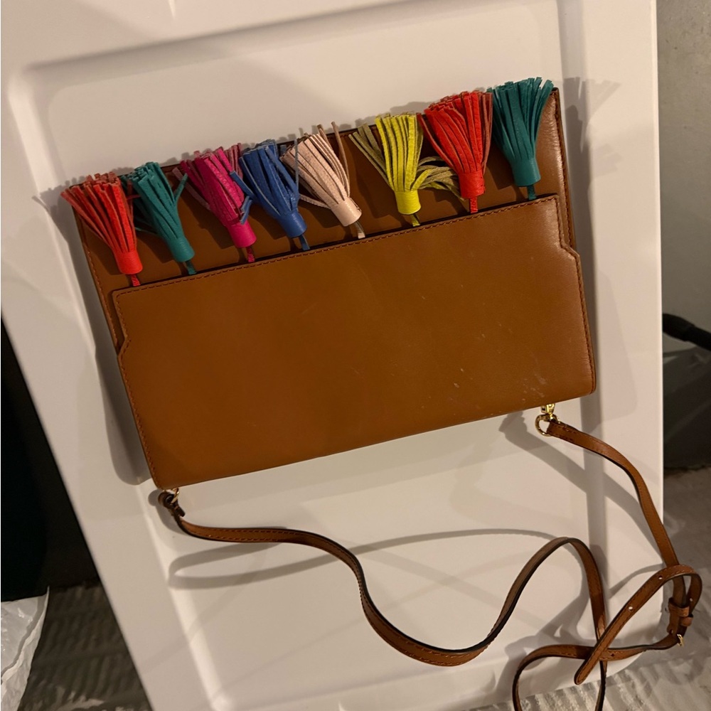 Rebecca Minkoff Tan Leather Crossbody with Multicolor Tassels